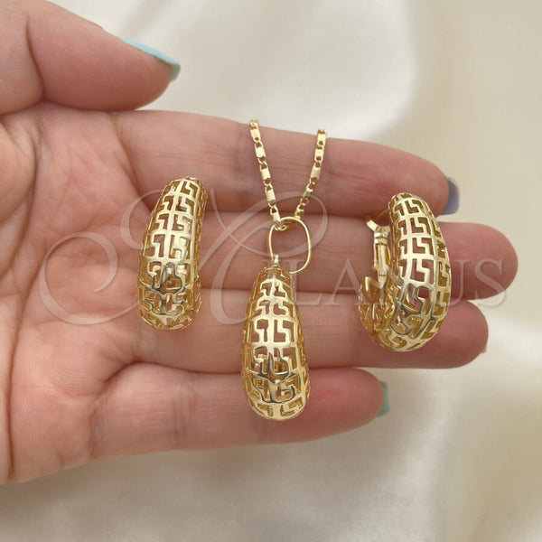 Juego de Arete y Dije de Adulto 10.163.0007 Oro Laminado, Diseño de Llave Griega, Pulido, Tono Dorado