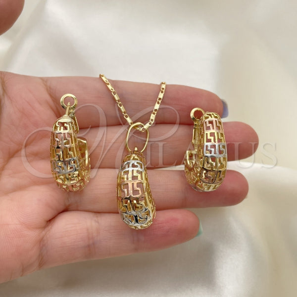 Juego de Arete y Dije de Adulto 10.163.0007.1 Oro Laminado, Diseño de Llave Griega, Pulido, Tres Tonos