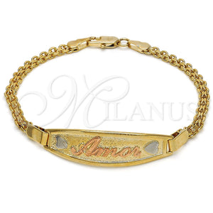 Tobillera con Placa 03.63.1900.1.07 Oro Laminado, Pulido, Tres Tonos (03 MM Thickness, 7 Inches Length)