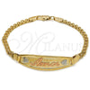 Tobillera con Placa 03.63.1900.1.07 Oro Laminado, Pulido, Tres Tonos (03 MM Thickness, 7 Inches Length)