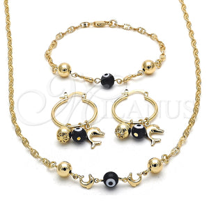 Collar, Pulsera y Dije 06.63.0226 Oro Laminado, Diseño de Delfín y Ojo Griego, Resinado Negro, Tono Dorado