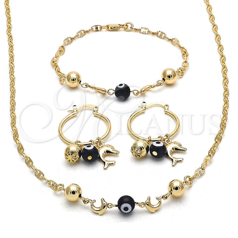 Collar, Pulsera y Dije 06.63.0226 Oro Laminado, Diseño de Delfín y Ojo Griego, Resinado Negro, Tono Dorado