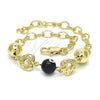 Pulsera Elegante 03.63.1902.08 Oro Laminado, Diseño de Corazón y Ojo Griego, Resinado Negro, Tono Dorado (05 MM Thickness, 8 Inches Length)
