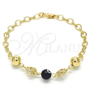 Pulsera Elegante 03.63.1902.08 Oro Laminado, Diseño de Corazón y Ojo Griego, Resinado Negro, Tono Dorado (05 MM Thickness, 8 Inches Length)