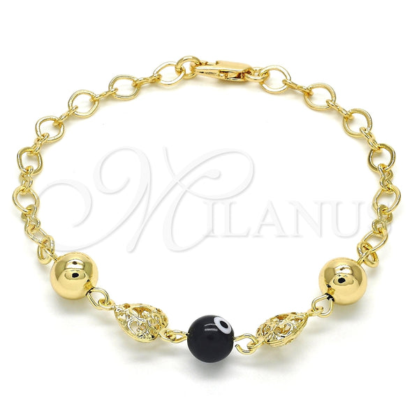 Pulsera Elegante 03.63.1902.08 Oro Laminado, Diseño de Corazón y Ojo Griego, Resinado Negro, Tono Dorado (05 MM Thickness, 8 Inches Length)