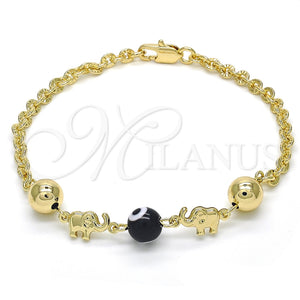 Pulsera Elegante 03.63.1903.08 Oro Laminado, Diseño de Elefante y Ojo Griego, Resinado Negro, Tono Dorado (04 MM Thickness, 8 Inches Length)