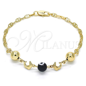 Pulsera Elegante 03.63.1904.08 Oro Laminado, Diseño de Delfín y Ojo Griego, Resinado Negro, Tono Dorado (04 MM Thickness, 8 Inches Length)