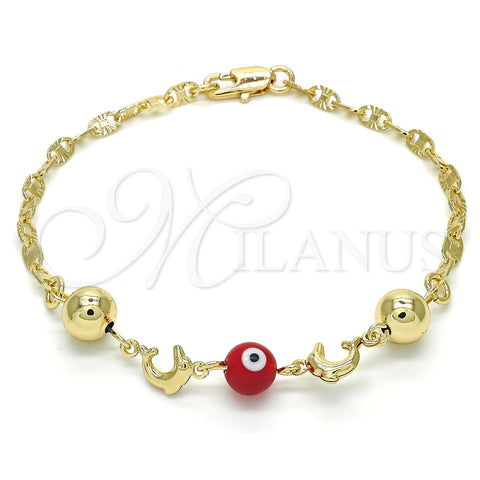 Pulsera Elegante 03.63.1904.1.08 Oro Laminado, Diseño de Delfín y Ojo Griego, Resinado Rojo, Tono Dorado (04 MM Thickness, 8 Inches Length)