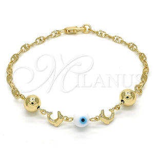 Pulsera Elegante 03.63.1904.2.08 Oro Laminado, Diseño de Delfín y Ojo Griego, Resinado Blanco, Tono Dorado (04 MM Thickness, 8 Inches Length)