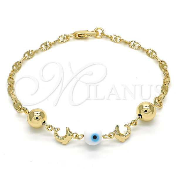 Pulsera Elegante 03.63.1904.2.08 Oro Laminado, Diseño de Delfín y Ojo Griego, Resinado Blanco, Tono Dorado (04 MM Thickness, 8 Inches Length)