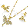 Juego de Arete y Dije de Adulto 10.156.0148 Oro Laminado, Diseño de Libélula, con Blanca Micro Pave, Pulido, Tono Dorado
