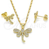 Juego de Arete y Dije de Adulto 10.156.0148 Oro Laminado, Diseño de Libélula, con Blanca Micro Pave, Pulido, Tono Dorado