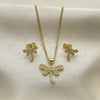 Juego de Arete y Dije de Adulto 10.156.0148 Oro Laminado, Diseño de Libélula, con Blanca Micro Pave, Pulido, Tono Dorado