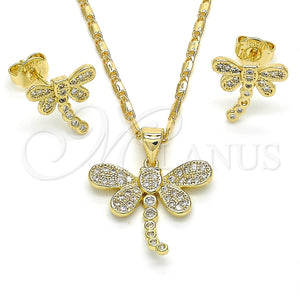 Juego de Arete y Dije de Adulto 10.156.0148 Oro Laminado, Diseño de Libélula, con Blanca Micro Pave, Pulido, Tono Dorado