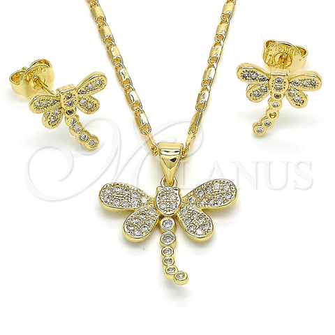Juego de Arete y Dije de Adulto 10.156.0148 Oro Laminado, Diseño de Libélula, con Blanca Micro Pave, Pulido, Tono Dorado