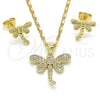 Juego de Arete y Dije de Adulto 10.156.0148 Oro Laminado, Diseño de Libélula, con Blanca Micro Pave, Pulido, Tono Dorado