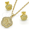 Juego de Arete y Dije de Adulto 10.156.0154 Oro Laminado, Diseño de Flor y Estrella, con Blanca Micro Pave, Pulido, Tono Dorado