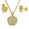 Juego de Arete y Dije de Adulto 10.156.0154 Oro Laminado, Diseño de Flor y Estrella, con Blanca Micro Pave, Pulido, Tono Dorado