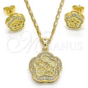 Juego de Arete y Dije de Adulto 10.156.0154 Oro Laminado, Diseño de Flor y Estrella, con Blanca Micro Pave, Pulido, Tono Dorado