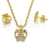 Juego de Arete y Dije de Adulto 10.156.0093.1 Oro Laminado, Diseño de Búho, con Blanca Micro Pave, Pulido, Tono Dorado