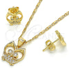 Juego de Arete y Dije de Adulto 10.156.0093.1 Oro Laminado, Diseño de Búho, con Blanca Micro Pave, Pulido, Tono Dorado