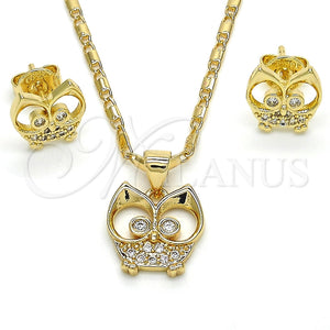 Juego de Arete y Dije de Adulto 10.156.0093.1 Oro Laminado, Diseño de Búho, con Blanca Micro Pave, Pulido, Tono Dorado