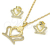 Juego de Arete y Dije de Adulto 10.156.0172 Oro Laminado, Diseño de Corona y Corazón, con Blanca Zirconia Cubica, Pulido, Tono Dorado