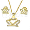 Juego de Arete y Dije de Adulto 10.156.0172 Oro Laminado, Diseño de Corona y Corazón, con Blanca Zirconia Cubica, Pulido, Tono Dorado