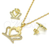 Juego de Arete y Dije de Adulto 10.156.0172 Oro Laminado, Diseño de Corona y Corazón, con Blanca Zirconia Cubica, Pulido, Tono Dorado