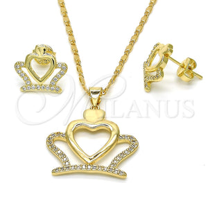 Juego de Arete y Dije de Adulto 10.156.0172 Oro Laminado, Diseño de Corona y Corazón, con Blanca Zirconia Cubica, Pulido, Tono Dorado