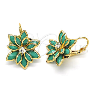 Arete Gancho Frances 02.64.0638 Oro Laminado, Diseño de Flor, con Turquoise and Blanca Cristal, Pulido, Tono Dorado