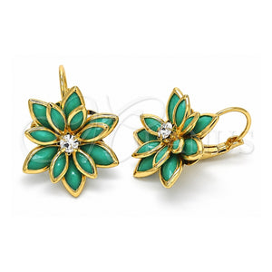Arete Gancho Frances 02.64.0638 Oro Laminado, Diseño de Flor, con Turquoise and Blanca Cristal, Pulido, Tono Dorado
