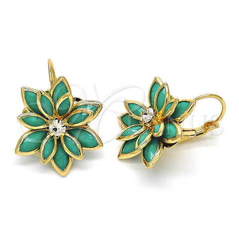 Arete Gancho Frances 02.64.0638 Oro Laminado, Diseño de Flor, con Turquoise and Blanca Cristal, Pulido, Tono Dorado