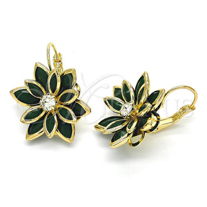 Arete Gancho Frances 02.64.0638.3 Oro Laminado, Diseño de Flor, con Verde and Blanca Cristal, Pulido, Tono Dorado