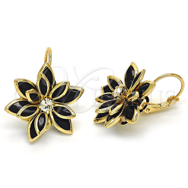 Arete Gancho Frances 02.64.0638.4 Oro Laminado, Diseño de Flor, con Negro and Blanca Cristal, Pulido, Tono Dorado