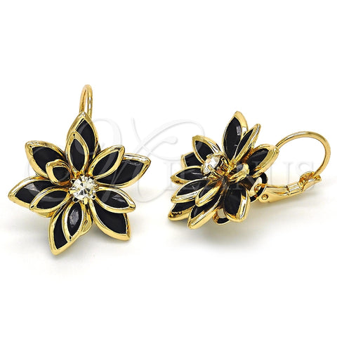 Arete Gancho Frances 02.64.0638.4 Oro Laminado, Diseño de Flor, con Negro and Blanca Cristal, Pulido, Tono Dorado
