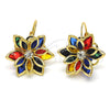 Arete Gancho Frances 02.64.0638.5 Oro Laminado, Diseño de Flor, con Multicolor Cristal, Pulido, Tono Dorado