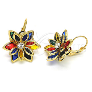 Arete Gancho Frances 02.64.0638.5 Oro Laminado, Diseño de Flor, con Multicolor Cristal, Pulido, Tono Dorado