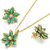Juego de Arete y Dije de Adulto 10.64.0155 Oro Laminado, Diseño de Flor, con Turquoise and Blanca Cristal, Pulido, Tono Dorado