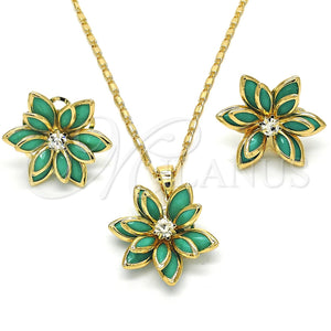 Juego de Arete y Dije de Adulto 10.64.0155 Oro Laminado, Diseño de Flor, con Turquoise and Blanca Cristal, Pulido, Tono Dorado