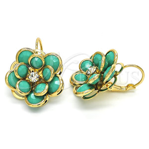 Arete Gancho Frances 02.64.0640 Oro Laminado, Diseño de Flor, con Turquoise and Blanca Cristal, Pulido, Tono Dorado
