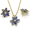 Juego de Arete y Dije de Adulto 10.64.0155.2 Oro Laminado, Diseño de Flor, con Zafiro Azul and Blanca Cristal, Pulido, Tono Dorado