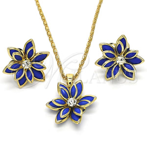 Juego de Arete y Dije de Adulto 10.64.0155.2 Oro Laminado, Diseño de Flor, con Zafiro Azul and Blanca Cristal, Pulido, Tono Dorado