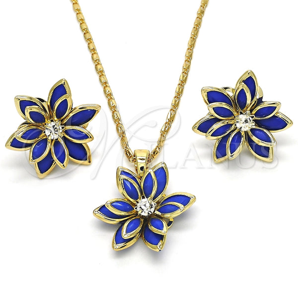 Juego de Arete y Dije de Adulto 10.64.0155.2 Oro Laminado, Diseño de Flor, con Zafiro Azul and Blanca Cristal, Pulido, Tono Dorado