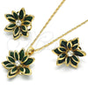 Juego de Arete y Dije de Adulto 10.64.0155.3 Oro Laminado, Diseño de Flor, con Verde and Blanca Cristal, Pulido, Tono Dorado