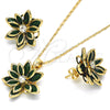 Juego de Arete y Dije de Adulto 10.64.0155.3 Oro Laminado, Diseño de Flor, con Verde and Blanca Cristal, Pulido, Tono Dorado