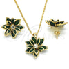 Juego de Arete y Dije de Adulto 10.64.0155.3 Oro Laminado, Diseño de Flor, con Verde and Blanca Cristal, Pulido, Tono Dorado