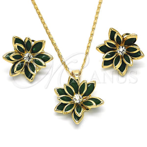 Juego de Arete y Dije de Adulto 10.64.0155.3 Oro Laminado, Diseño de Flor, con Verde and Blanca Cristal, Pulido, Tono Dorado
