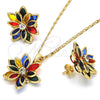 Juego de Arete y Dije de Adulto 10.64.0155.5 Oro Laminado, Diseño de Flor, con Multicolor Cristal, Pulido, Tono Dorado