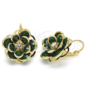 Arete Gancho Frances 02.64.0640.3 Oro Laminado, Diseño de Flor, con Verde and Blanca Cristal, Pulido, Tono Dorado